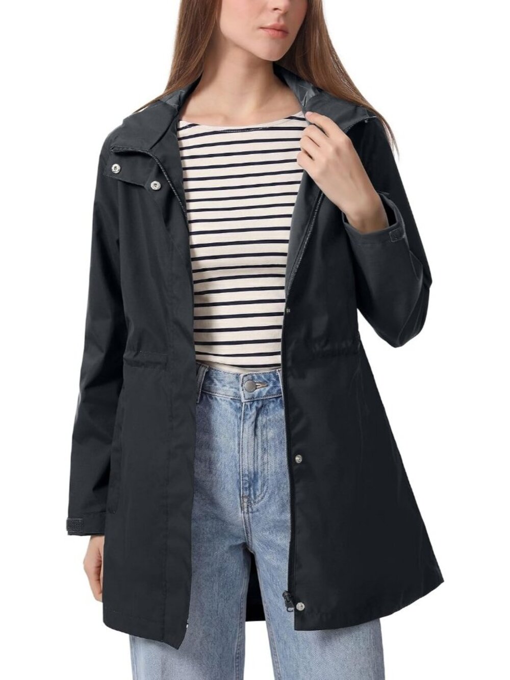 Women's Dark Grey Rain Jacket Waterproof Hooded Long Raincoat Zipper Pockets